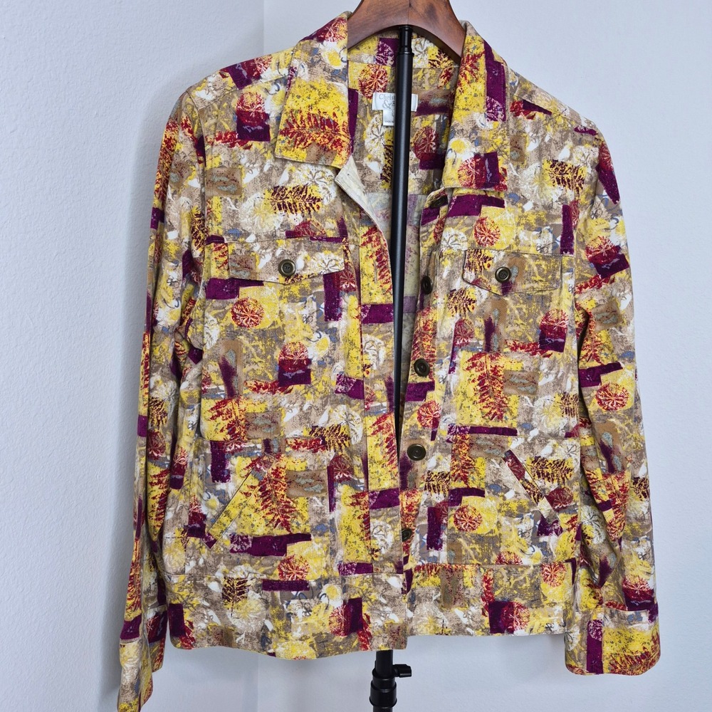 Christopher & Banks Womens Yellow Purple Abstract Cotton Trucker Jacket Large